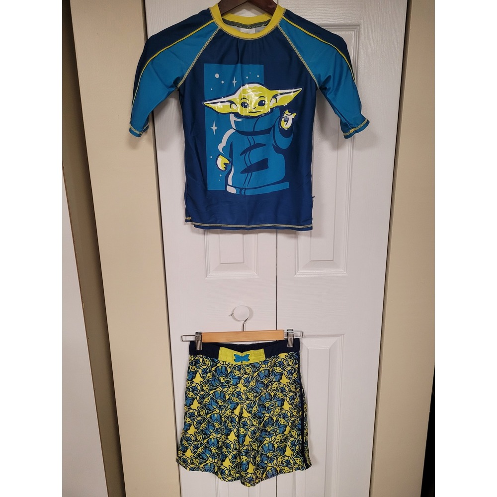 Disney Star Wars Grogu Rash Guard Swim Trunks Set Blue Yellow Kids 7-10